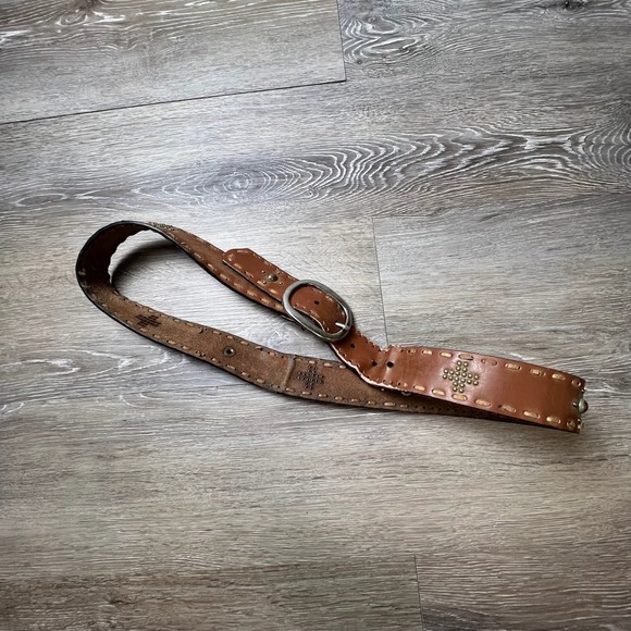 Accessories - Leather Belt Womens XL Brown Studded Cross Whipstitch Western Boho